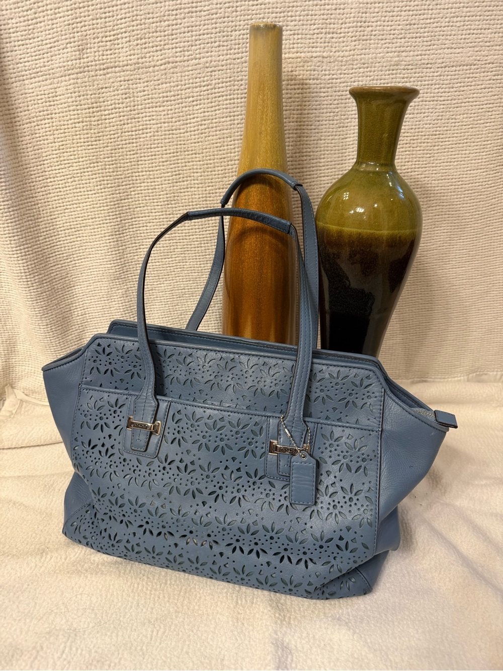 Coach Taylor Slate Blue Laser Cut Perforated Leather Tote Bag Satchel F27391